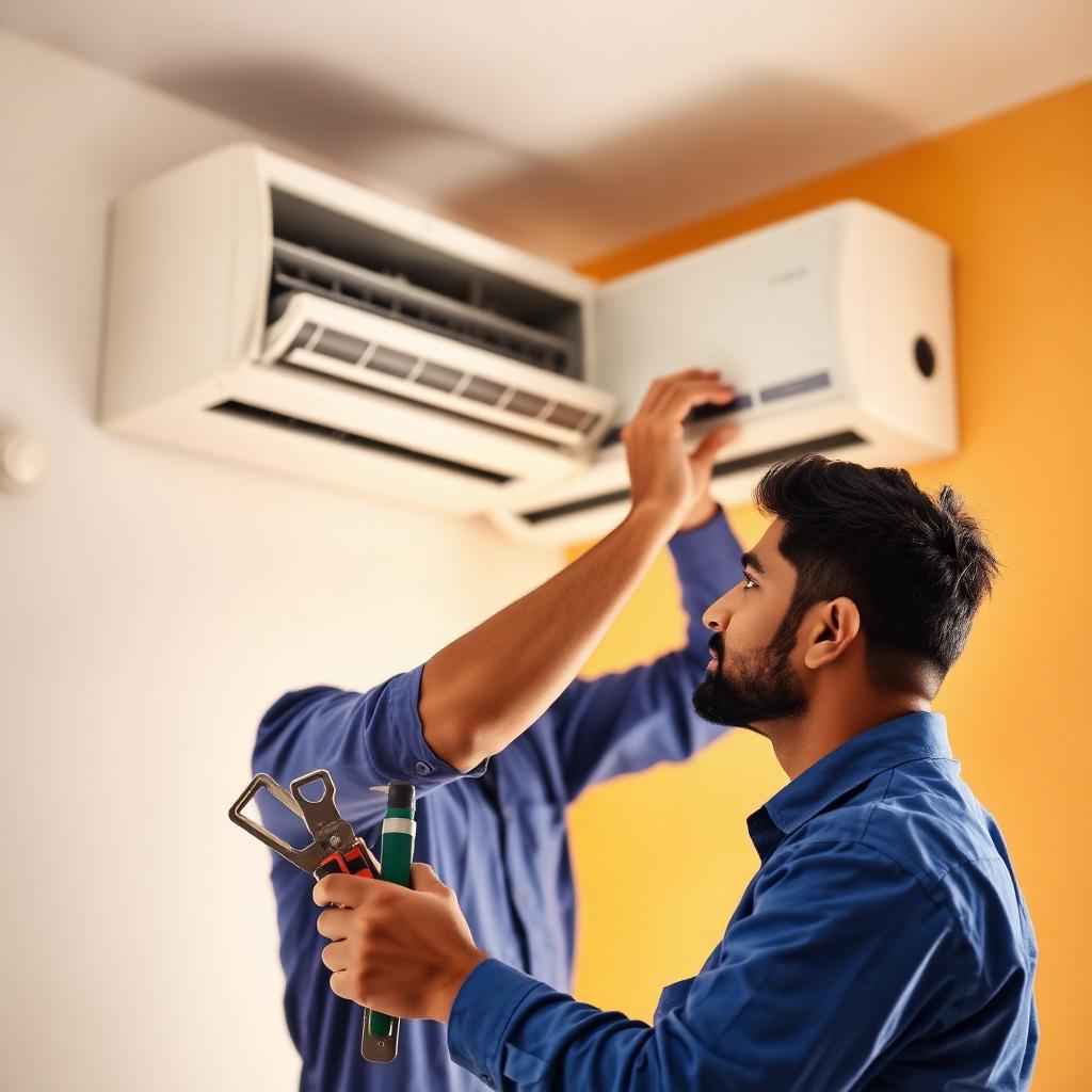 Technician servicing a split AC indoor unit in Virar